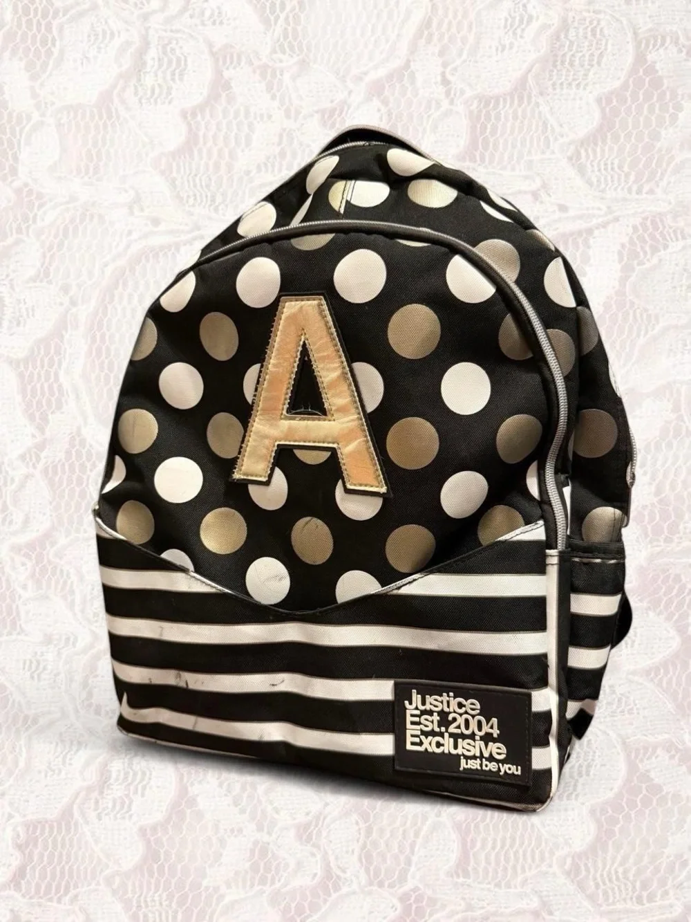 Justice Black & White Polka Dot Mini Backpack with Gold 'A' Patch